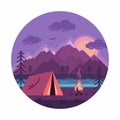 Camping tent in forest at the river color vector illustration in circle