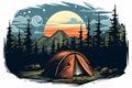 camping tent in forest under a giant moon