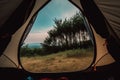 Camping tent forest view. Generate Ai