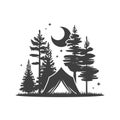 Camping tent halt night spruce forest half moon landscape vintage icon design vector illustration