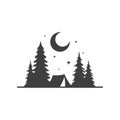 Camping tent halt spruce forest night half moon stars monochrome vintage icon design vector