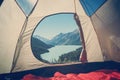 Camping tent with lake background. Beautiful mountain landscape in the Altai mountains. Lake kucherlinskoe. Siberia Royalty Free Stock Photo
