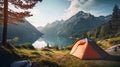 Camping green tent in forest near lake and mountains