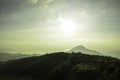 Camping tent on landcape mountain with sunset sky