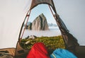 Camping tent mountain morning view travel couple in sleeping bags enjoying