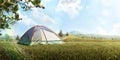 The Camping Tent in mountain in the summer. Tourism. Adventure. Travel. Hike. Background. Panorama