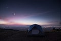 camping tent mountain and sunset with moon