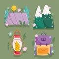 camping tent mountains backpack and lantern in cartoon style icons Royalty Free Stock Photo