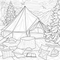 Camping.Tent among mountains and firs.Landscape.Coloring book antistress for children and adults.