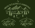 Camping tent in mountains range and pine forest vector linear emblem on dark, holidays and vacations theme line art drawing,