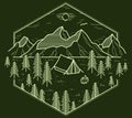 Camping tent in mountains range and pine forest vector linear emblem on dark, holidays and vacations theme line art drawing,