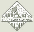 Camping tent in mountains range and pine forest vector linear emblem isolated on white, holidays and vacations in woods line art,