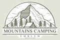 Camping tent in mountains range and pine forest vector linear emblem isolated on white, holidays and vacations in woods line art,