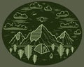 Camping tent in mountains range and pine forest vector linear illustration on dark, holidays and vacations theme line art drawing
