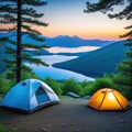 A camping tent in a nature hiking Relaxing during a Hike in next to lake river Royalty Free Stock Photo