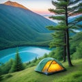 A camping tent in a nature hiking Relaxing during a Hike in next to lake river Royalty Free Stock Photo