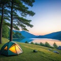 A camping tent in a nature hiking Relaxing during a Hike in next to lake river Royalty Free Stock Photo