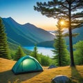 A camping tent in a nature hiking Relaxing during a Hike in next to lake river Royalty Free Stock Photo