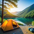 A camping tent in a nature hiking Relaxing during a Hike in next to lake river Royalty Free Stock Photo