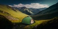 A camping tent in a nature hiking spot, Relaxing during a Hike in mountain, next to lake river - Generative AI Royalty Free Stock Photo