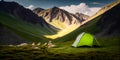 A camping tent in a nature hiking spot, Relaxing during a Hike in mountain, next to lake river - Generative AI Royalty Free Stock Photo