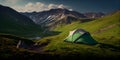 A camping tent in a nature hiking spot, Relaxing during a Hike in mountain, next to lake river - Generative AI Royalty Free Stock Photo