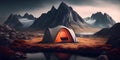 A camping tent in a nature hiking spot, Relaxing during a Hike in mountain, next to lake river - Generative AI Royalty Free Stock Photo