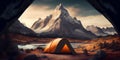 A camping tent in a nature hiking spot, Relaxing during a Hike in mountain, next to lake river - Generative AI Royalty Free Stock Photo