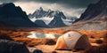 A camping tent in a nature hiking spot, Relaxing during a Hike in mountain, next to lake river - Generative AI Royalty Free Stock Photo