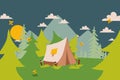 Camping tent in nature, vector illustration. Simple landscape with trees and mountains, summer campsite on forest