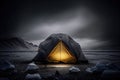 Camping tent at night in a remote place. Generative AI.