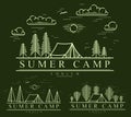 Camping tent in pine forest vector linear emblem on dark, holidays and vacations in woods theme line art drawing, design