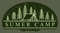 Camping tent in pine forest vector linear emblem on dark, holidays and vacations in woods theme line art drawing, design