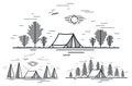 Camping tent in pine forest vector linear illustration isolated on white, holidays and vacations in woods line art, design