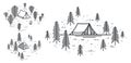 Camping tent in pine forest vector linear illustration isolated on white, holidays and vacations in woods line art, design