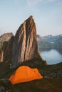 Camping tent and Segla mountain nature landscape in Norway