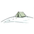 Camping Tent on Snow Covered Hill Under Bright White Sky in Simple Illustration Royalty Free Stock Photo