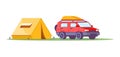 Camping tent SUV road trip halt summer travel vacation isometric vector illustration Royalty Free Stock Photo