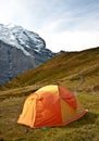 Camping tent in swiss alps Royalty Free Stock Photo
