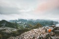 Camping tent on the top of mountain landscape