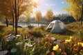 Camping Tent in a Valley with Beautiful Lake View Relaxing Holiday Vacation at Morning