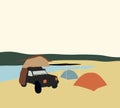 Camping tent with van on the beach. Road trip concept. Royalty Free Stock Photo