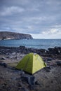 Camping tent on a volcanic sand beach in Tenerife, Canary Islands, Spain