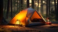 Camping tent in the woods with lamp powered by solar energy at sunset. Travel supporting the concept of sustainable