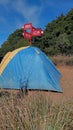 camping tents in blue and yellow and signs for the red hiking trails of Mount Wonosobo