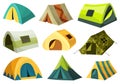 Camping tents cartoon icons set. Sport and travel touristic marquees, houses for outdoor recreation and hiking adventure