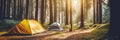 Camping tents in fir forest. Summer camp background .Active travel and vacation concept. Created with generative Ai