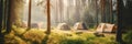 Camping tents in fir forest. Summer camp background .Active travel and vacation concept. Created with generative Ai