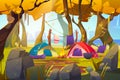 Camping tents with fire and tourist stuff in autumn forest