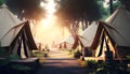 Camping tents in the forest. 3D rendering. Toned image.
